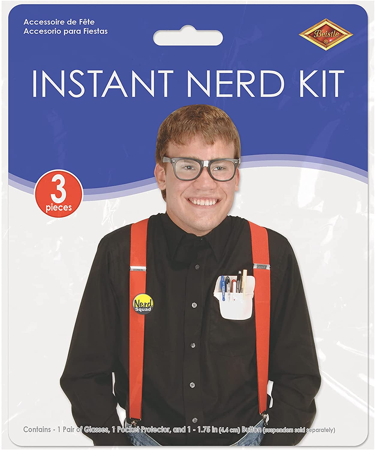 a young white male with suspenders and glasses introduces an instant nerd kit